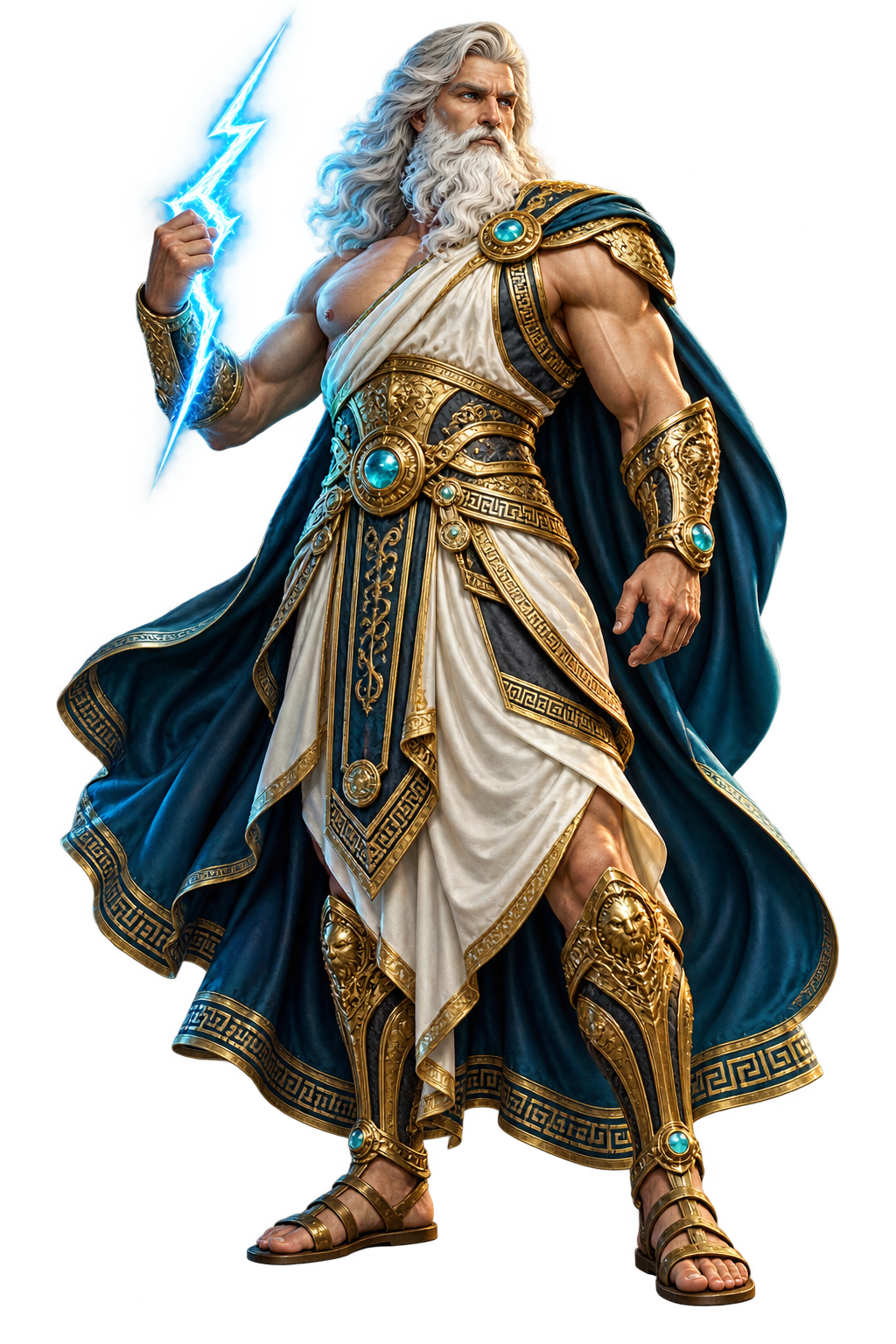 Zeus in golden armour holding a blue lightning bolt
